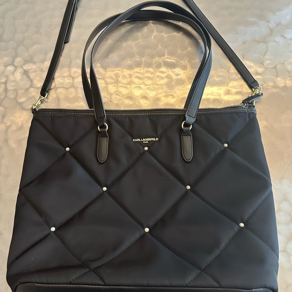 Karl Lagerfeld black quilted nylon tote convertible crossbody w/ pearls